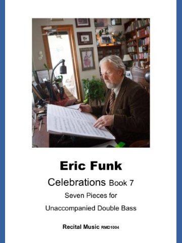 Image of composer Erik Funk with a beard and glasses seated at a desk, looking at sheet music for "Eric Funk Celebrations Book 7 Seven Pieces for Unaccompanied Double Bass" by Recital Music RMD1004.