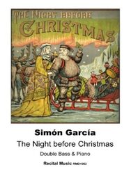 Sheet music for "The Night before Christmas" composed by Simón García. The main picture is a traditional Europan stle Christmas scene.