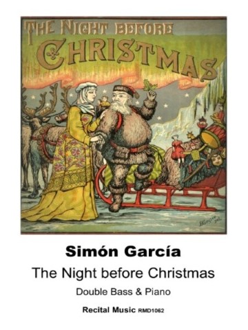 Sheet music for "The Night before Christmas" composed by Simón García. The main picture is a traditional Europan stle Christmas scene.