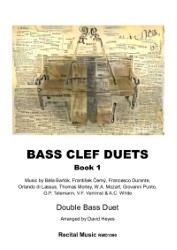 Cover of "BASS CLEF DUETS Book 1" featuring a stylized image of a bass clef and what appears to be a double bass bridge on a background of aged sheet music or text. The title is prominently displayed: "BASS CLEF DUETS Book 1". Below the title, the text reads: "Music by Béla Bartók, František Černý, Francesco Durante, Orlando di Lassus, Thomas Morley, W.A. Mozart, Giovanni Punto, G.P. Telemann, V.F. Verrimst & A.C. White". Further down, it states: "Double Bass Duet Arranged by David Heyes Recital Music RMD1090"