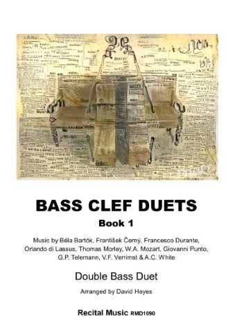 Cover of "BASS CLEF DUETS Book 1" featuring a stylized image of a bass clef and what appears to be a double bass bridge on a background of aged sheet music or text. The title is prominently displayed: "BASS CLEF DUETS Book 1". Below the title, the text reads: "Music by Béla Bartók, František Černý, Francesco Durante, Orlando di Lassus, Thomas Morley, W.A. Mozart, Giovanni Punto, G.P. Telemann, V.F. Verrimst & A.C. White". Further down, it states: "Double Bass Duet Arranged by David Heyes Recital Music RMD1090"