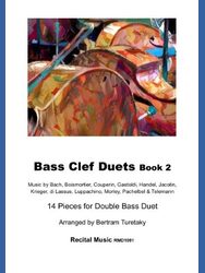 A book cover titled "Bass Clef Duets Book 2" featuring an abstract, colorful image at the top. Below the title, the text reads: "Music by Bach, Boismortier, Couperin, Gastoldi, Handel, Jacotin, Krieger, di Lassus, Luppachino, Morley, Pachelbel & Telemann". Further down, it states: "14 Pieces for Double Bass Duet Arranged by Bertram Turetaky" and "Recital Music RMD1091".