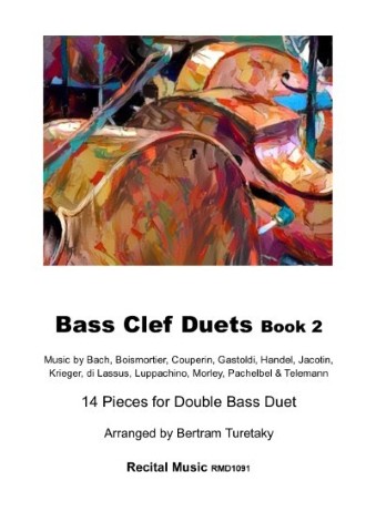 A book cover titled "Bass Clef Duets Book 2" featuring an abstract, colorful image at the top. Below the title, the text reads: "Music by Bach, Boismortier, Couperin, Gastoldi, Handel, Jacotin, Krieger, di Lassus, Luppachino, Morley, Pachelbel & Telemann". Further down, it states: "14 Pieces for Double Bass Duet Arranged by Bertram Turetaky" and "Recital Music RMD1091".
