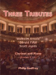 Image is for a by publication by Clifton edition woth the number C107 called THREE TRIBUTES Malcolm Arnold Gerald Finzi Scott Joplin Clarinet and Piano (Grades 4-5) Philip Godfrey