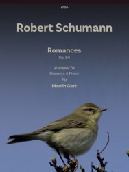 A book cover for Robert Schumann Romances Op. 94 arranged for Bassoon & Piano by Martin Gatt," featuring a small, light brown bird perched on a bare branch against a blue sky. The top left corner has the publisher number C109.