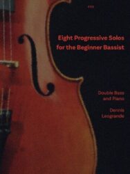 A close-up image of a string instrument, likely a cello or double bass, with the body and f-hole visible on the left side. The color of the instrument is a warm reddish-brown. On the right side, against a dark background, there is text in red and white. The text reads: C112 Eight Progressi for the Beginner Bassist.
