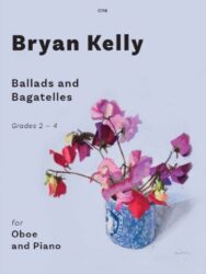 Sheet music cover for 'Ballads and Bagatelles for Oboe and Piano' by Bryan Kelly, featuring a watercolor illustration of pink and purple sweet peas in a blue and white patterned vase.