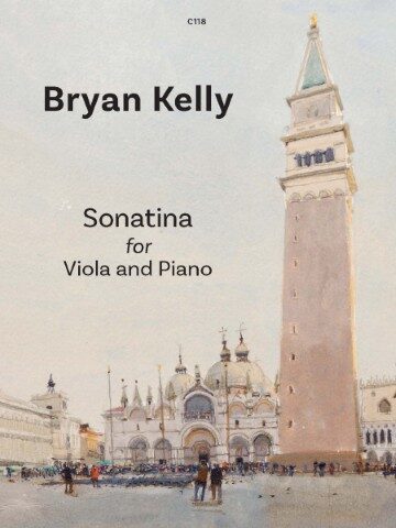 Sheet music cover for "Sonatina for Viola and Piano" by Bryan Kelly, featuring a watercolor illustration of St. Mark's Square in Venice with the Campanile prominently on the right. The text "C118" is in the top center, and "1" is in the bottom right corner.