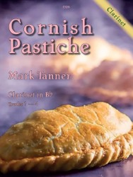 A book cover titled "Cornish Pastiche" by Mark Tanner, for Clarinet, Grades 1-4. The cover features an image of a Cornish pasty on a purple background. A diagonal banner in the upper right corner also reads "Clarinet". The code "C129" is present in the top centere
