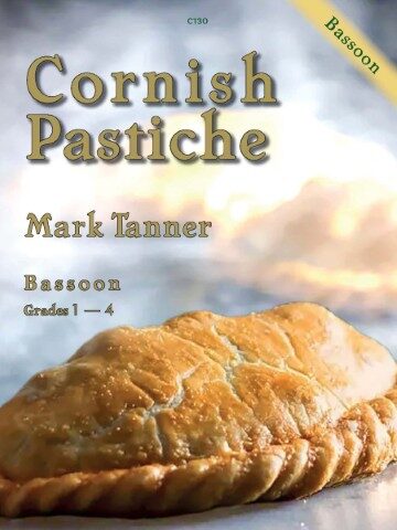 A book cover titled "Cornish Pastiche" by Mark Tanner, for Bassoon Grades 1-4. The cover features an image of a Cornish pasty. A diagonal banner in the upper right corner also reads "Bassoon". The code "C130" is present in the top centre.