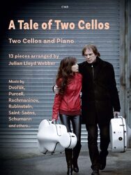 A man and a woman, Julian and Jiaxin Lloyd Webber, walk side-by-side, each carrying a white cello case, with the title "A Tale of Two Cellos" prominently displayed. The man, on the right, wears a dark coat and has an arm around the woman, who is on the left and wears a red leather jacket and black pants. The text on the image also indicates "Two Cellos and Piano," "13 pieces arranged by Julian Lloyd Webber," and lists composers like Dvořák, Purcell, Rachmaninov, Rubinstein, Saint-Saëns, and Schumann.