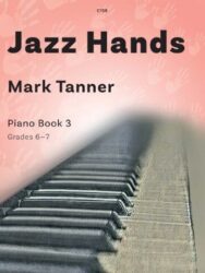 Cover picture for a piece of sheet music called Jazz Hands Piano Book 3, Grades 6-7 by Mark Tanner. The publisher code shown at the top centre is C158. There is an image of a keyboard on a pink background with imprints of hands.