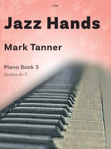 Cover picture for a piece of sheet music called Jazz Hands Piano Book 3, Grades 6-7 by Mark Tanner. The publisher code shown at the top centre is C158. There is an image of a keyboard on a pink background with imprints of hands.