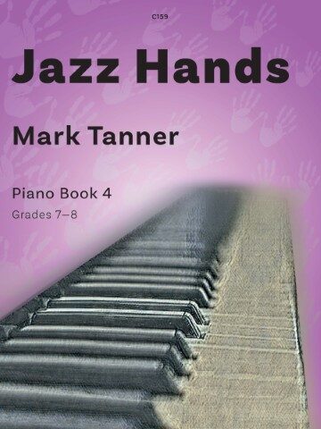 Cover picture for a piece of sheet music called Jazz Hands Piano Book 4, Grades 7-8 by Mark Tanner. The publisher code shown at the top centre is C159. There is an image of a keyboard on a purple background with imprints of palms of hands.