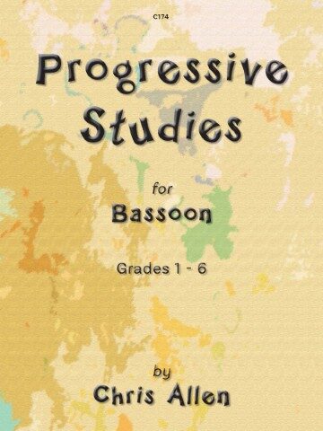 Image of a piece of sheet music displaying the following information: C174 Progressive Studies for Bassoon Grades 1-6 by Chris Allen. The background s a textured, abstract pattern resembling a mottled or splattered surface, primarily in shades of beige, yellow, and light brown, with hints of green and blue.
