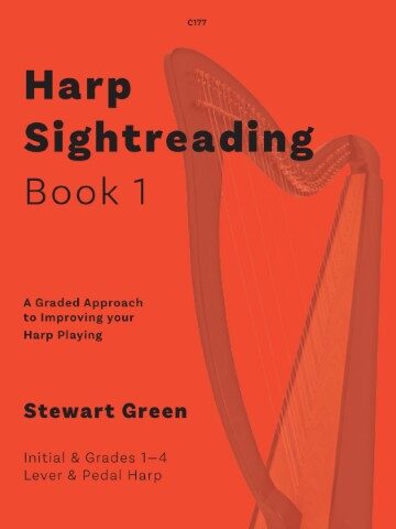 Cover of "Harp Sightreading Book 1" by Stewart Green. The title "Harp Sightreading Book 1" is prominently displayed, along with the subtitle "A Graded Approach to Improving your Harp Playing." The author's name, "Stewart Green," is also visible. Additional text indicates the book is for "Initial & Grades 1-4 Lever & Pedal Harp." A stylized image of a harp is on the right side of the cover which is red.