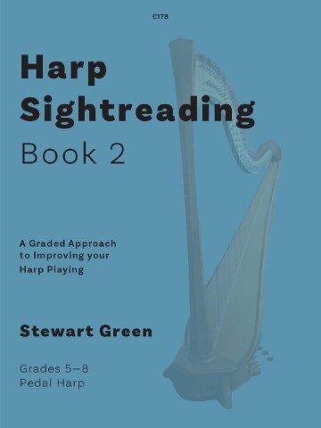 Cover of "Harp Sightreading Book 1" by Stewart Green. The title "Harp Sightreading Book 1" is prominently displayed, along with the subtitle "A Graded Approach to Improving your Harp Playing." The author's name, "Stewart Green," is also visible. Additional text indicates the book is for "Initial & Grades 1-4 Lever & Pedal Harp." A stylized image of a harp is on the right side of the blue cover.