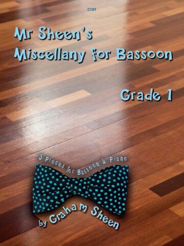 Image for a piece of sheet music features a black bow tie with blue polka dots. The rext reeds Text on the cover reads C181 Mr Sheen's Miscellany for Bassoon Grade 1. 3 Pieces for Bassoon & Piano by Graham Sheen