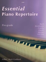 Cover image of a piano music book,. The text is: "Essential Piano Repertoire Pre-grade book cover featuring piano keys, edited by Mark Goddard. The cover is predominantly purple with the title 'Essential Piano Repertoire' in large white letters. Below the title, 'Pre-grade' is written in smaller text. On the right side, a list of composers is visible: Bach, Beethoven, Czerny, Haydn, Mozart, and more. The bottom of the cover shows the white and black keys of a piano keyboard, and the editor's name, Mark Goddard, is at the very bottom
