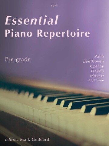 Cover image of a piano music book,. The text is: "Essential Piano Repertoire Pre-grade book cover featuring piano keys, edited by Mark Goddard. The cover is predominantly purple with the title 'Essential Piano Repertoire' in large white letters. Below the title, 'Pre-grade' is written in smaller text. On the right side, a list of composers is visible: Bach, Beethoven, Czerny, Haydn, Mozart, and more. The bottom of the cover shows the white and black keys of a piano keyboard, and the editor's name, Mark Goddard, is at the very bottom