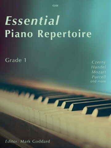 Cover of a piece of sheet music by Clifton Edition. The text reads "Essential Piano Repertoire Grade 1 book cover featuring piano keys, edited by Mark Goddard”. The cover is predominantly pale blue hues, with the title 'Essential Piano Repertoire' in large white letters. Below the title, 'Grade 1' is written in smaller text. On the right side, a list of composers is visible: Czerny, Handel, Mozart, Purcell and more. The bottom of the cover shows the white and black keys of a piano keyboard, and the editor's name, Mark Goddard, is at the very bottom