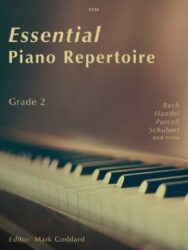 A book cover titled "Essential Piano Repertoire Grade 2". The title is prominently displayed in large, dark text. Below the title, smaller text lists composers: "Bach Handel Purcell Schubert and more". At the bottom, "Editor: Mark Goddard" is written. The background features a blurred image of piano keys.
