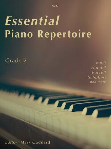 A book cover titled "Essential Piano Repertoire Grade 2". The title is prominently displayed in large, dark text. Below the title, smaller text lists composers: "Bach Handel Purcell Schubert and more". At the bottom, "Editor: Mark Goddard" is written. The background features a blurred image of piano keys.