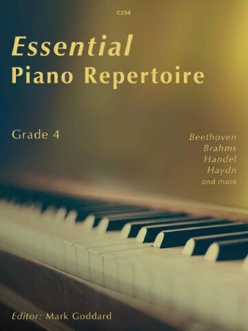 Cover of a piece of sheet music by Clifton Edition. The text reads "Essential Piano Repertoire Grade 4 book cover featuring piano keys, edited by Mark Goddard”. The cover is predominantly green, with the title 'Essential Piano Repertoire' in large white letters. Below the title, 'Grade 4' is written in smaller text. On the right side, a list of composers is visible: Beethoven, Brahms, Handel, Haydn and more. The bottom of the cover shows the white and black keys of a piano keyboard, and the editor's name, Mark Goddard, is at the very bottom.