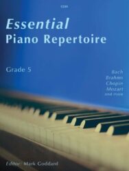 Cover of a piece of sheet music by Clifton Edition. The text reads "Essential Piano Repertoire Grade 4 book cover featuring piano keys, edited by Mark Goddard”. The cover is predominantly bright blue, with the title 'Essential Piano Repertoire' in large white letters. Below the title, 'Grade 5' is written in smaller text. On the right side, a list of composers is visible: Bach, Brahms, Chopin, Mozart and more. The bottom of the cover shows the white and black keys of a piano keyboard, and the editor's name, Mark Goddard, is at the very bottom.