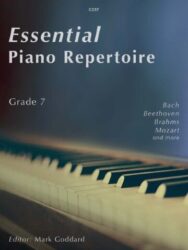 Cover of a piece of sheet music by Clifton Edition. The text reads "Essential Piano Repertoire Grade 7 book cover featuring piano keys, edited by Mark Goddard”. The cover is predominantly dark blue, with the title 'Essential Piano Repertoire' in large white letters. Below the title, 'Grade 7' is written in smaller text. On the right side, a list of composers is visible: Bach, Beethoven, Brahms, Mozart and more. The bottom of the cover shows the white and black keys of a piano keyboard, and the editor's name, Mark Goddard, is at the very bottom.