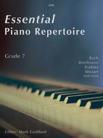Cover of a piece of sheet music by Clifton Edition. The text reads "Essential Piano Repertoire Grade 7 book cover featuring piano keys, edited by Mark Goddard”. The cover is predominantly dark blue, with the title 'Essential Piano Repertoire' in large white letters. Below the title, 'Grade 7' is written in smaller text. On the right side, a list of composers is visible: Bach, Beethoven, Brahms, Mozart and more. The bottom of the cover shows the white and black keys of a piano keyboard, and the editor's name, Mark Goddard, is at the very bottom.
