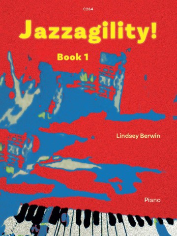 Image of the front cover of the music book "Jazzagility! Book 1" by Lindsey Berwin, for Piano. The cover features abstract blue and white shapes on a red background, with a partial view of piano keys along the bottom edge.