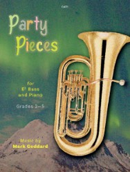 A book cover titled Party Pieces for Eb Bass & Piano, Grades 2-5, with music by Mark Goddard. The cover features a gold Eb Bass on the right side and a colourful banner of triangular flags across the top, all set against a textured, green northern lights over a mountain background. The text "C471" is in the top centre.