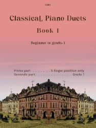 Cover image of a publication by Clifton edition title Classical Piano Duets book 1. The grade is indicated as beginner - grade 1. The picture used is of a historical city scene, possibly Frankfurt am Main, with ornate buildings and horse-drawn carriages. The sky is pink rather than blue