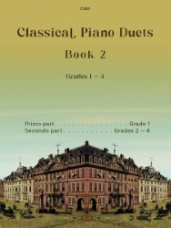 Cover image of a publication by Clifton edition title Classical Piano Duets book3. The grade is indicated as 1 - 4. The picture used is of a historical city scene, possibly Frankfurt am Main, with ornate buildings and horse-drawn carriages. The sky has been cloured yellow.