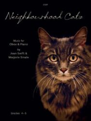 The image is a cover for a music score book titled "Neighbourhood Cats" for oboe and piano, written by Joan Swift and Marjorie Smale, suitable for grades 4-5. The cover features a close-up photograph of a tabby cat against a dark background.