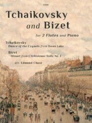 Sheet music cover featuring a painting of a bustling Parisian street scene with horse-drawn carriages and pedestrians. The text on the cover reads "C539 Tchaikovsky and Bizet for 2 Flutes and Piano Tchaikovsky Dance of the Cygnets from Swan Lake Bizet Minuet from L'Arlésienne Suite No. 1 arr. Edmund Chase."
