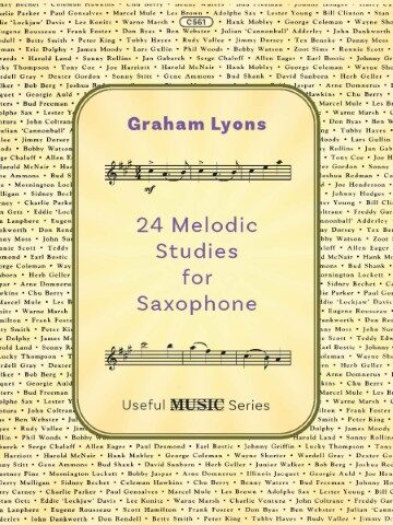 A sheet music book cover titled "Graham Lyons 24 Melodic Studies for Saxophone" from the "Useful MUSIC Series." The title is centered within an oval frame with musical notation above and below the text. The background of the image is a collage of text, appearing to be names of musicians or musical terms.