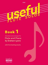 Cover of a piece of sheet music with the text C569 useful FLUTE SOLOS Book 1 in yellow on a dark pink background. Selected and arranged for Flute and Piano by Graham Lyons with free backing tracks. Useful MUSIC Series. There is an image of a quaver on the bottom right of the cover.
