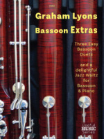 The image shows the cover of "Graham Lyons Bassoon Extras", a music book for bassoon players. The cover features a close-up of a bassoon, with the title and author's name prominently displayed. The book contains three easy bassoon duets and a jazz waltz for bassoon and piano. The "Useful Music Series" logo is visible at the bottom right corner of the cover.