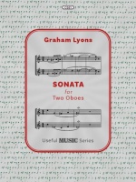 This image is for a piece of sheet music by Graham Lyons called Sonata for Two Oboes. The text of the image is red in colour, and the cover also shows 6 bars of the music.