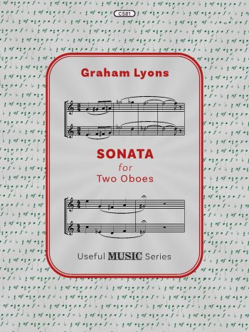 This image is for a piece of sheet music by Graham Lyons called Sonata for Two Oboes. The text of the image is red in colour, and the cover also shows 6 bars of the music.