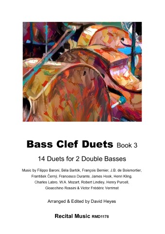 A sheet music cover featuring an abstract painting with warm, earthy tones on the top half. The bottom half contains text that reads: 'Bass Clef Duets Book 3', '14 Duets for 2 Double Basses', 'Music by Filippo Baroni, Béla Bartók, François Bernier, J.B. de Boismortier, František Černý, Francesco Durante, James Hook, Henri Kling, Charles Labro, W.A. Mozart, Robert Lindley, Henry Purcell, Gioacchino Rossini & Victor Frédéric Verrimst', 'Arranged & Edited by David Heyes', and 'Recital Music RMD1178'.