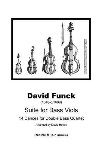 Cover for a sheet music publication by David Funck called Suite for Bass Viols. The publisher is Recital Music, the catalogue number is RMD1188, and the cover has a black and white drawing of 4 viols