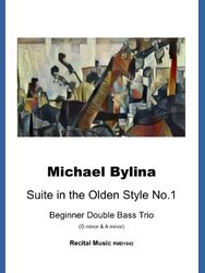 Michael Bylina Suite in the Olden Style No.1 Beginner Double Bass Trio (G minor & A minor) Recital Music RMD1542. The background of the image is an abstract painting with a cubist style, featuring fragmented shapes and forms in earthy tones of brown, beige, and muted orange, suggesting musical instruments or figures.