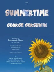 This image is a cover for the sheet music of "Summertime" by George Gershwin, arranged for bassoon and piano by John Alley. It also indicates that the orchestral arrangement is by David Arnold and the editor is John Orford. The arrangement is dedicated to Karen Geoghegan, a woodwind finalist in the BBC's Classical Music Artists Competition in 2008. The cover features the title "SUMMERTIME" in a playful, rounded font, with "GEORGE GERSHWIN" below in a similar style. There is a sunflower image on the right side of the sheet music cover. "Summertime" is a well-known aria from Gershwin's 1935 opera Porgy and Bess, with lyrics by DuBose Heyward and Ira Gershwin. It's often performed as a jazz standard and has been recorded by many artists. The song was originally written in B minor but is often found in A minor. The piece is a lullaby sung by Clara to her child in the opera.