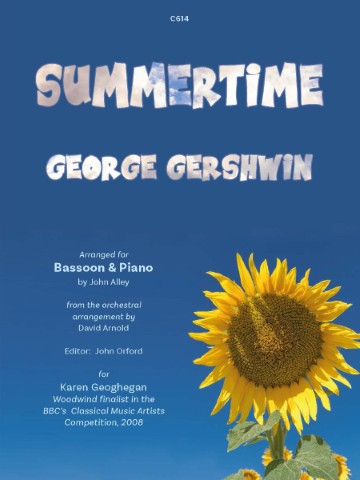 This image is a cover for the sheet music of "Summertime" by George Gershwin, arranged for bassoon and piano by John Alley. It also indicates that the orchestral arrangement is by David Arnold and the editor is John Orford. The arrangement is dedicated to Karen Geoghegan, a woodwind finalist in the BBC's Classical Music Artists Competition in 2008. The cover features the title "SUMMERTIME" in a playful, rounded font, with "GEORGE GERSHWIN" below in a similar style. There is a sunflower image on the right side of the sheet music cover. "Summertime" is a well-known aria from Gershwin's 1935 opera Porgy and Bess, with lyrics by DuBose Heyward and Ira Gershwin. It's often performed as a jazz standard and has been recorded by many artists. The song was originally written in B minor but is often found in A minor. The piece is a lullaby sung by Clara to her child in the opera.