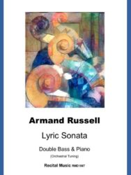Colourful abstract image of four double bass scrolls on a sheet music publication, The tex under the image reads Armand Russell Lyric Sonata Double Bass & Piano (Orchestral Tuning) Recital Music RMD1567