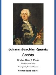 Portrait of the composer Quantz on a sheet music book called Sonata Double Bass and Piano. Solo & Orchestral Tuning. Arrnegd Armand Russell. Recital Music RM1574.