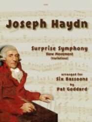 A vintage-style sheet music cover featuring a portrait of Joseph Haydn, identified as "Joseph Haydn" at the top. Below his name, the title "Surprise Symphony Slow Movement (Variations)" is displayed. The bottom right indicates it is "arranged for Six Bassoons by Pat Goddard." The background is a faded musical score.
